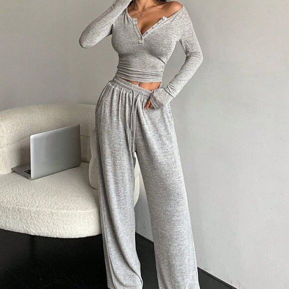 Light Grey Casual Women's Solid Color Button Long Sleeve T-Shirt And Pants Set - Picture 3 of 7